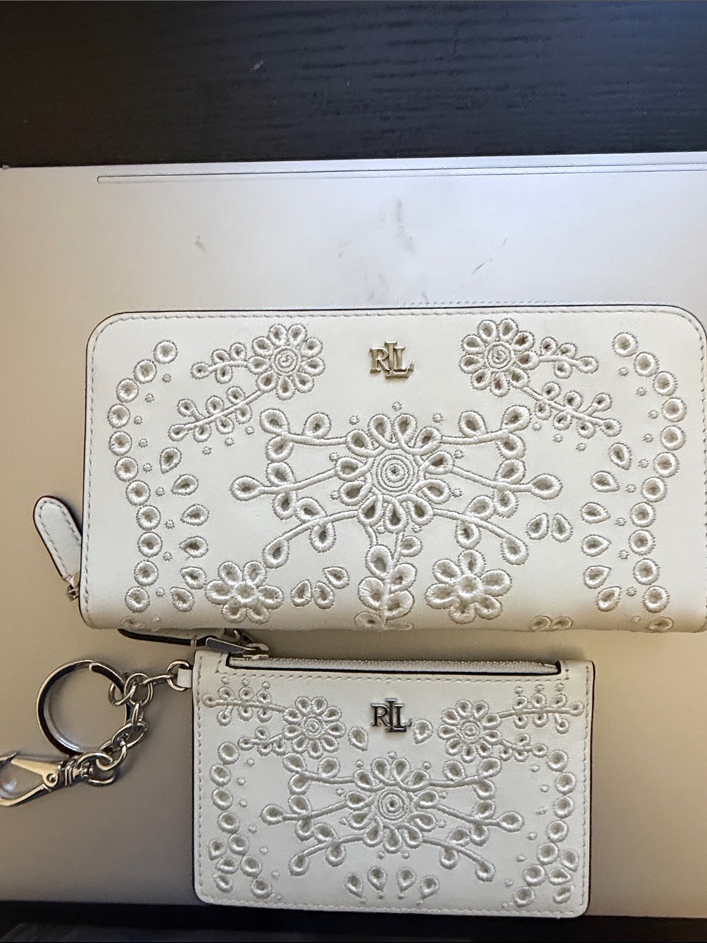 Ralph Lauren White Embroidered Zip Wallet and Card Case Set